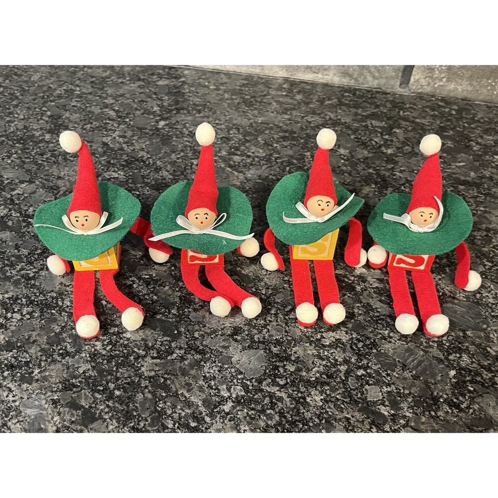 4 Vtg Christmas Children’s Alphabet Building Block Elves Table or Shelf Sitters